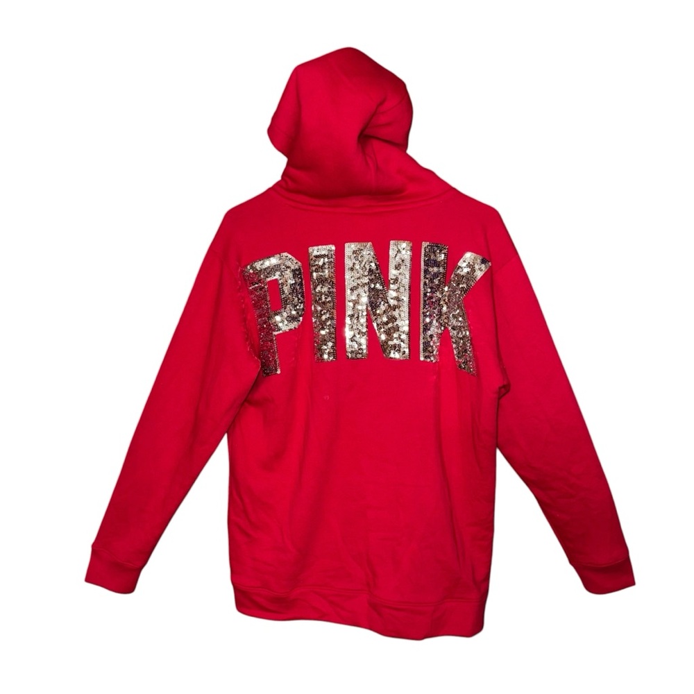 PINK Victoria's Secret Rich Red Bling Sequin Hoodie Logo Spellout Cozy Fall